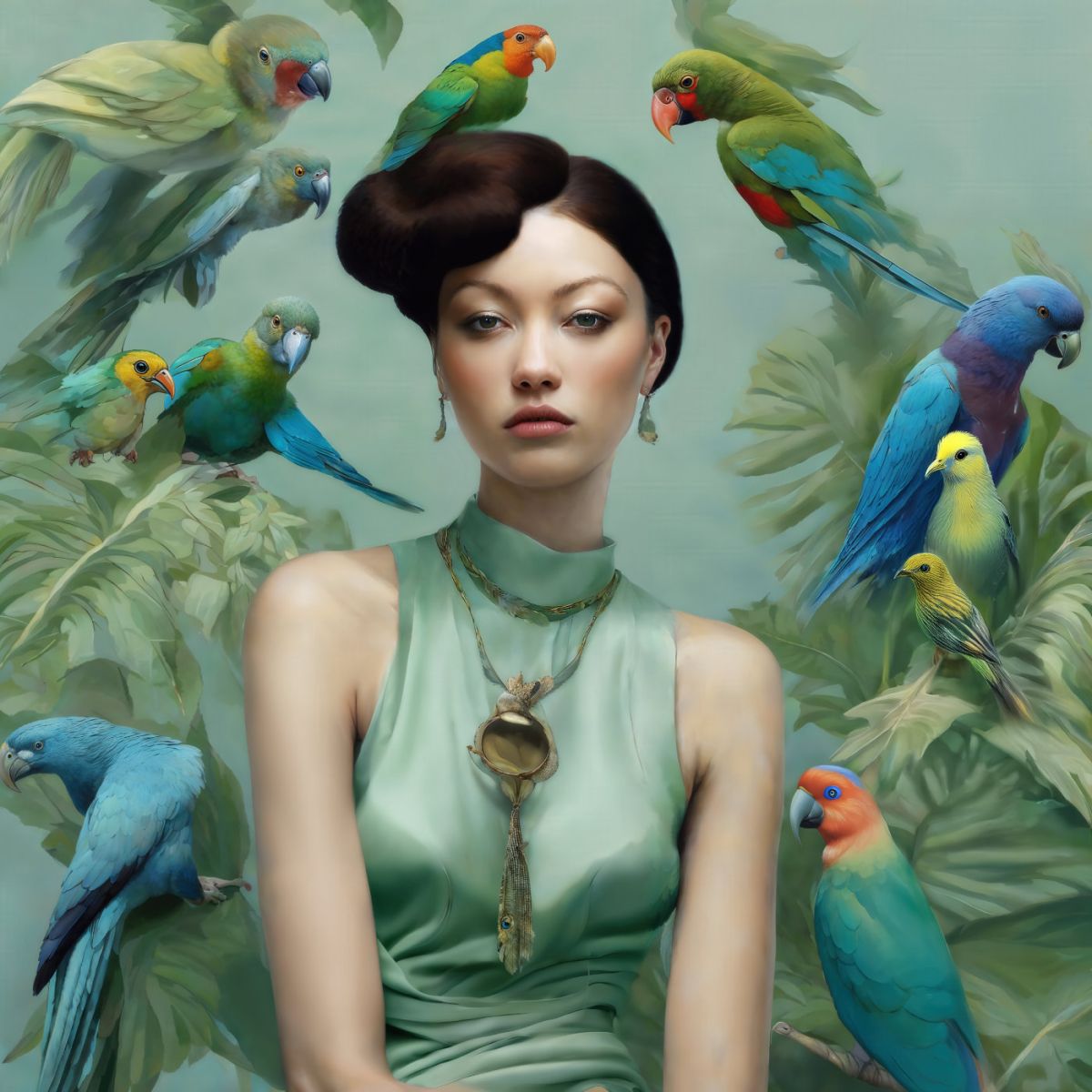Young Woman with Amber Necklace and Her Birds - artwork by Suzy One Kenobi