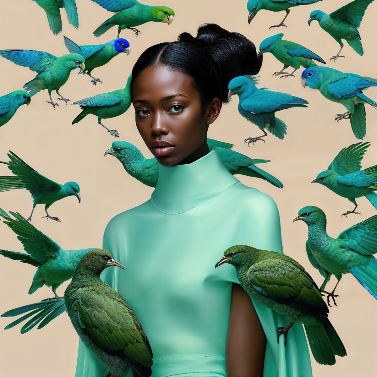 Young Woman with Cape Dress and Her Birds - artwork by Suzy One Kenobi