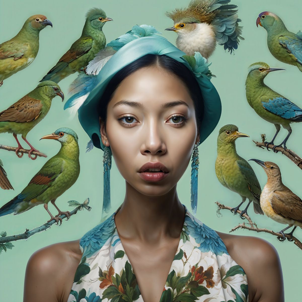 Young Woman with Chandelier Earrings and Her Birds - artwork by Suzy One Kenobi