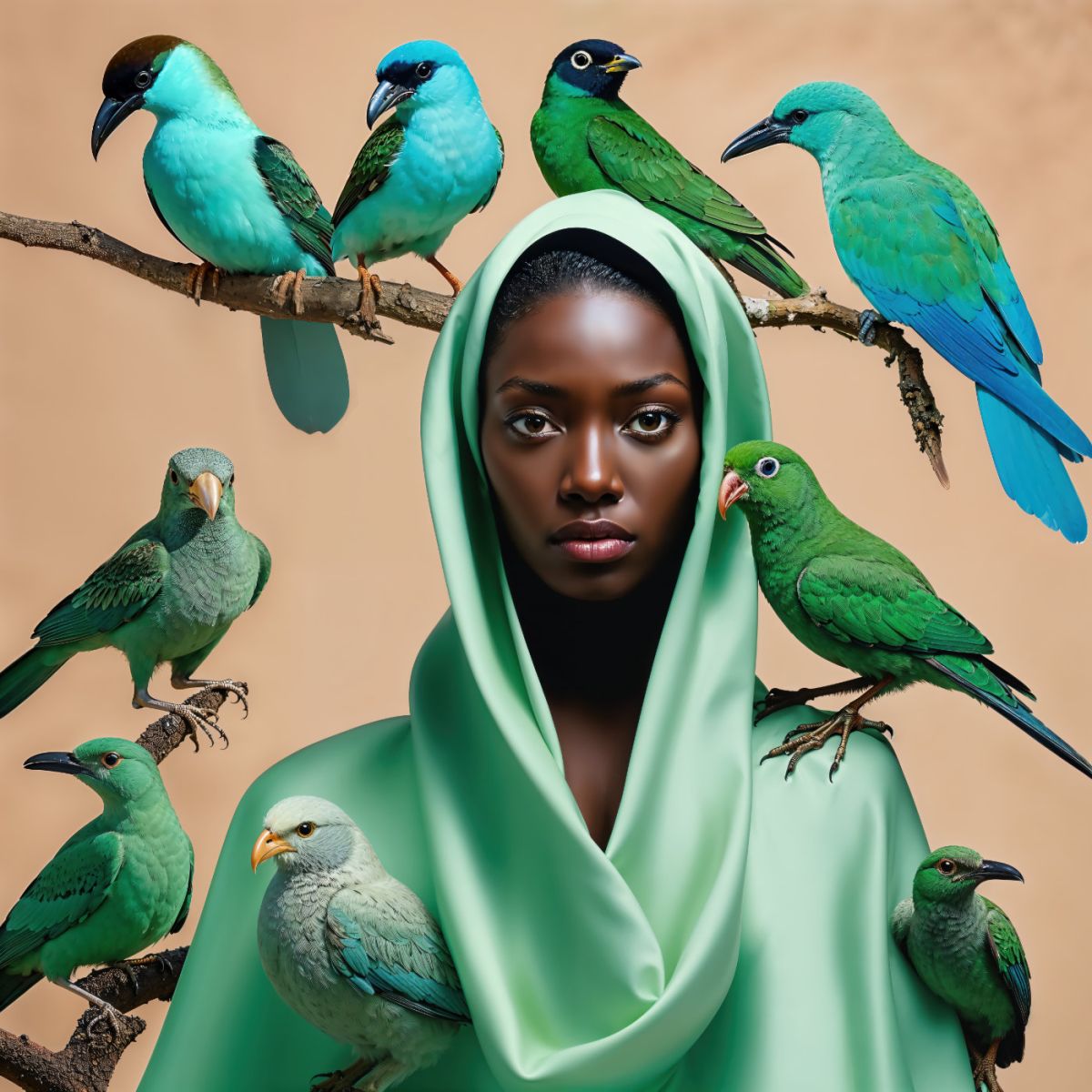 Young Woman with Cloak and Her Birds - artwork by Suzy One Kenobi