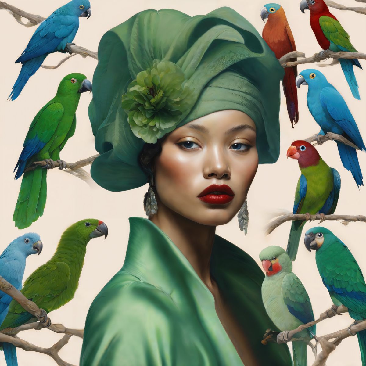 Young Woman with Green Flower and Her Birds - artwork by Suzy One Kenobi