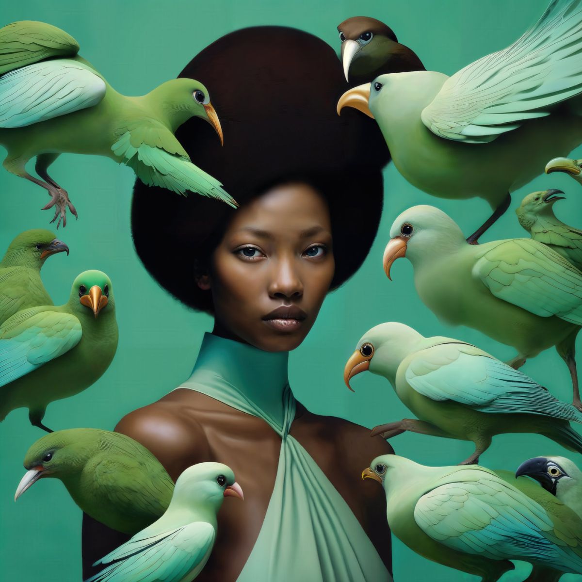 Young Woman with Halter Gown and Her Birds - artwork by Suzy One Kenobi