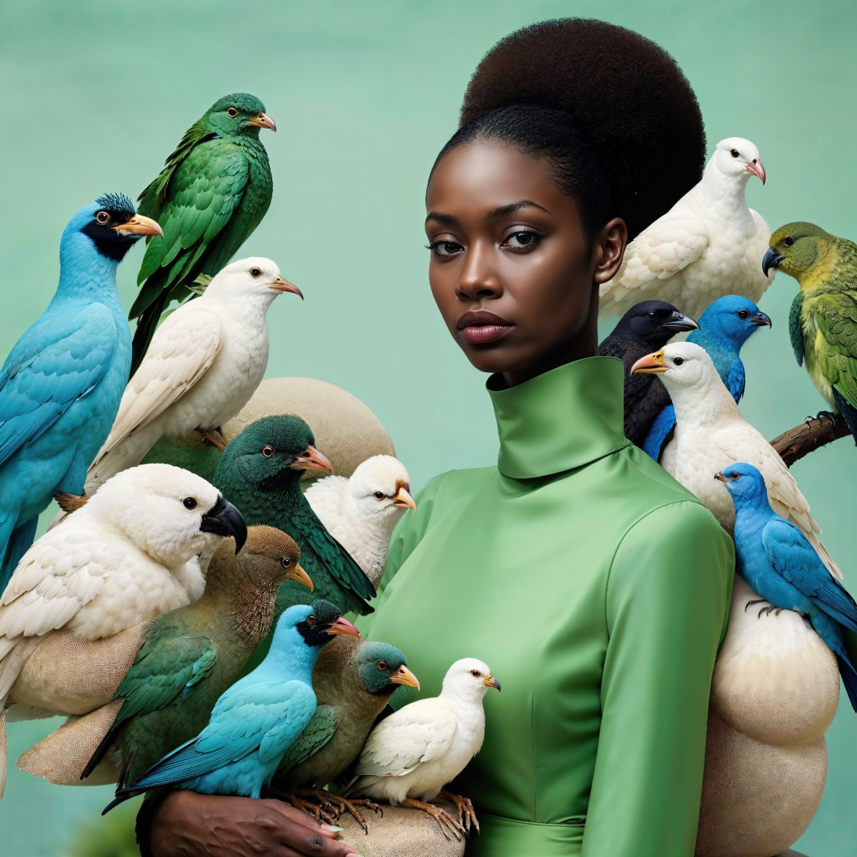 Young Woman with High Collar and Her Birds - artwork by Suzy One Kenobi