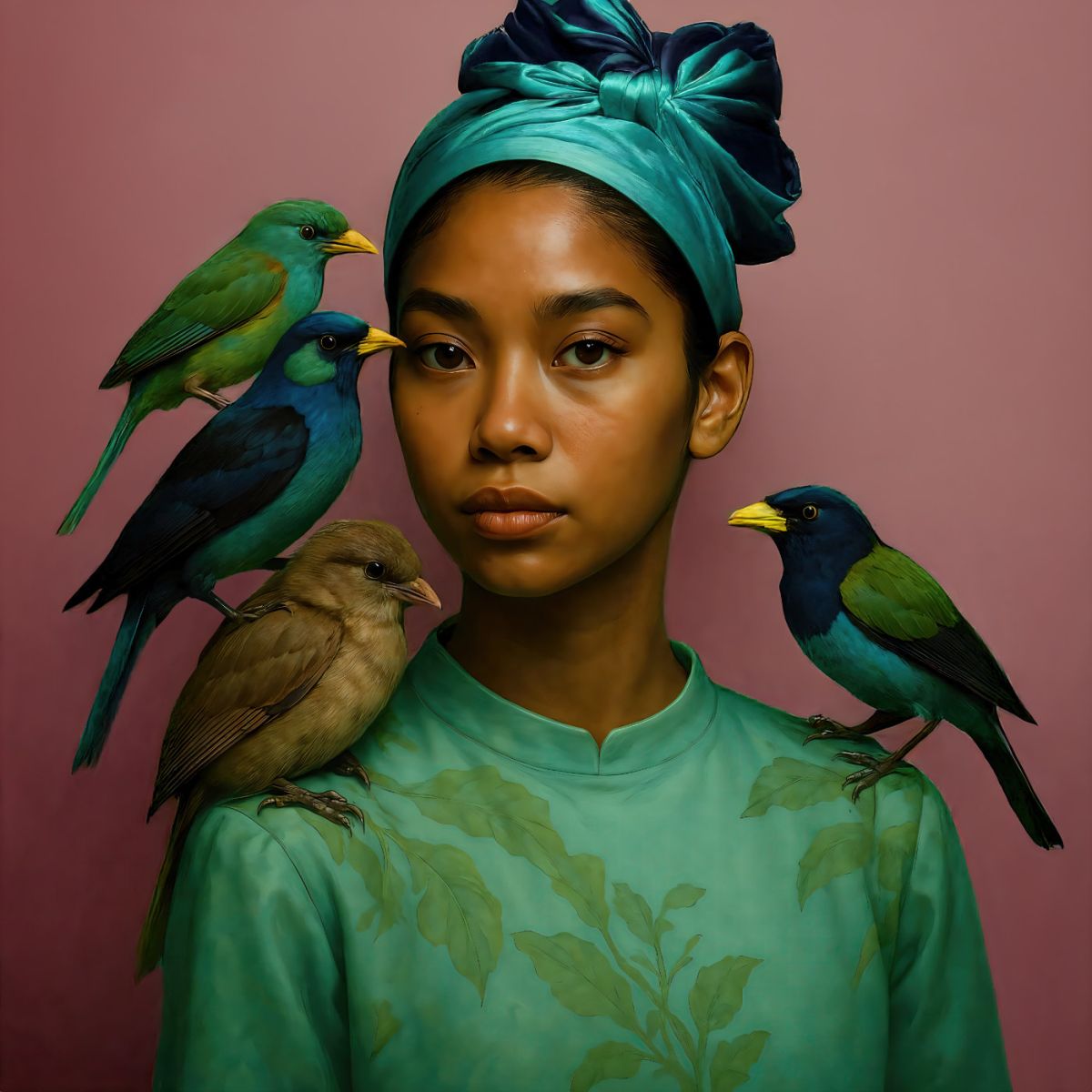 Young Woman with Scarf-Bow and Her Birds in Mauve Setting - artwork by Suzy One Kenobi