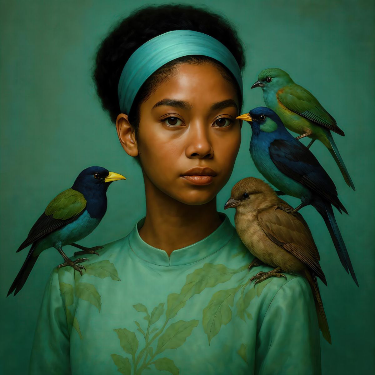 Young Woman with Tunic and Her Birds in Jade Green Setting - artwork by Suzy One Kenobi