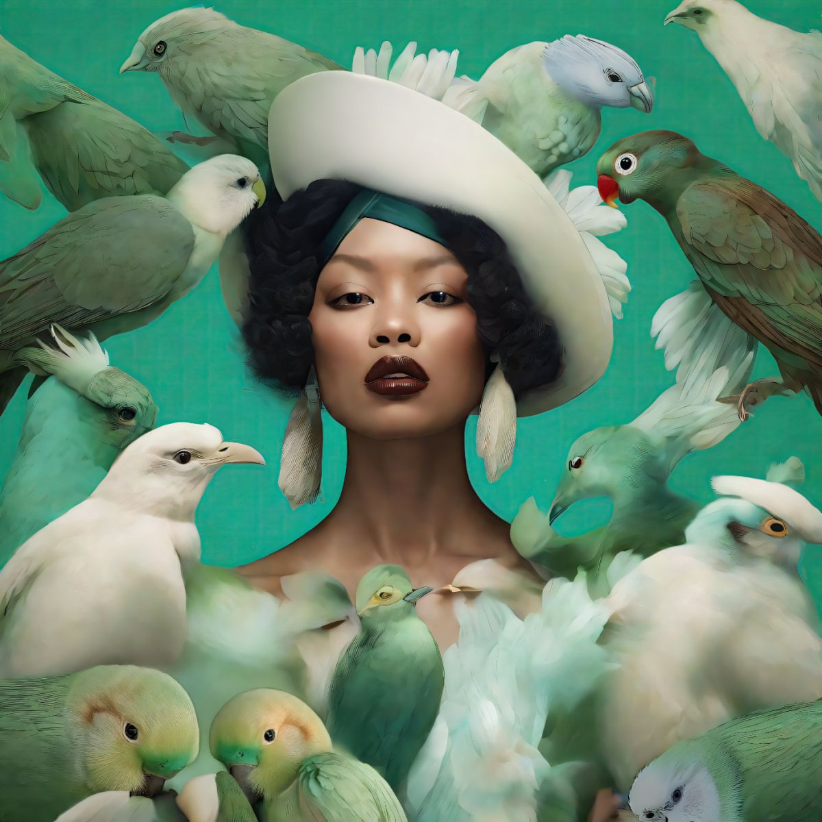 Young Woman with White Hat and Her Birds - artwork by Suzy One Kenobi