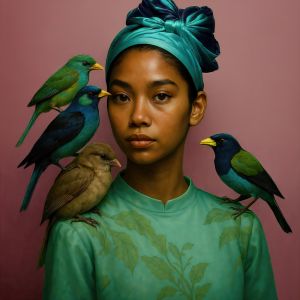 Young Woman with Scarf-Bow and Her Birds in Mauve Setting